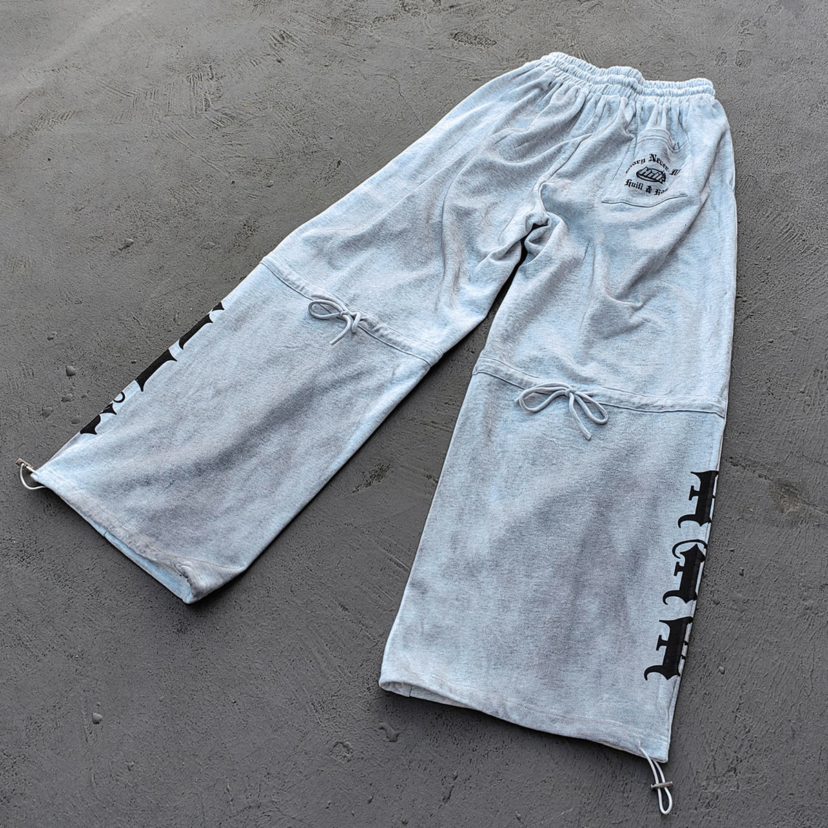 Holy Glory Sweatpants - Light Gray Acid Wash Gothic Font Print Drawstring Hem Wide Leg Y2K Streetwear