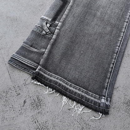 Wide Leg Jeans - Black Gray Acid Wash Multi Pocket Cargo Strap Frayed Hem Y2K Streetwear