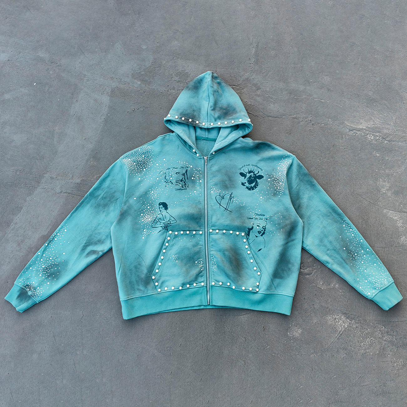 Tattoo Print Zip Up Hoodie - Gray Blue Studded Rhinestone Distressed Y2K Streetwear