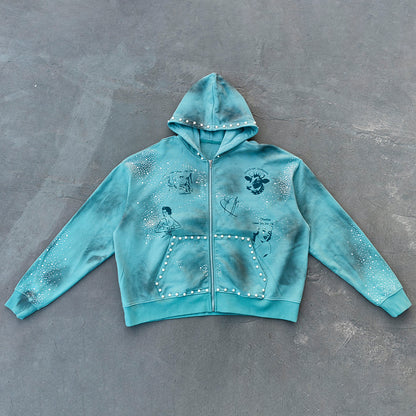 Tattoo Print Zip Up Hoodie - Gray Blue Studded Rhinestone Distressed Y2K Streetwear