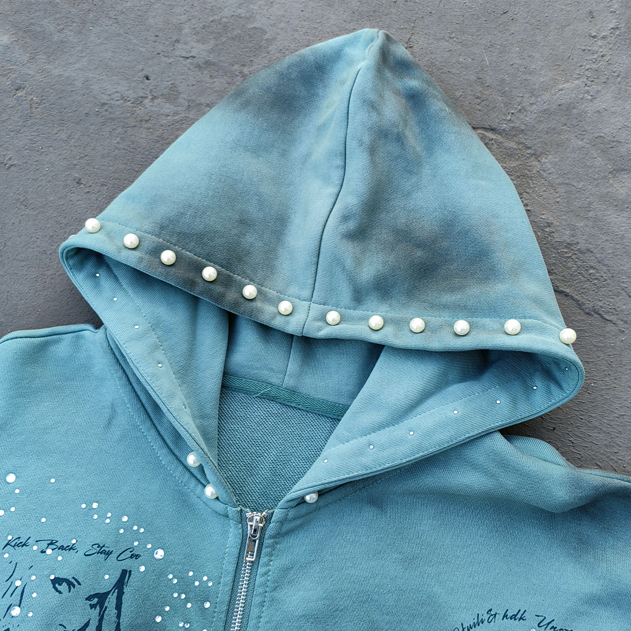 Tattoo Print Zip Up Hoodie - Gray Blue Studded Rhinestone Distressed Y2K Streetwear