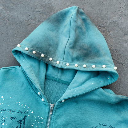 Tattoo Print Zip Up Hoodie - Gray Blue Studded Rhinestone Distressed Y2K Streetwear
