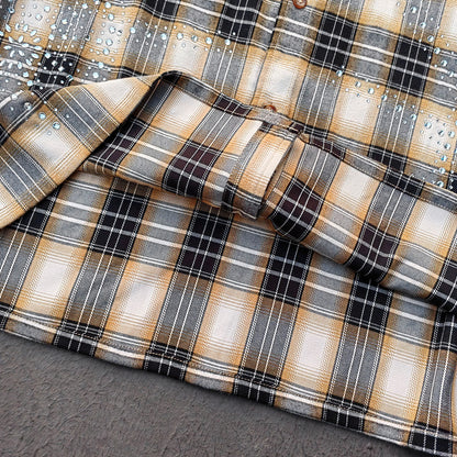 Gothic Embroidered Plaid Shirt - Yellow Black Rhinestone Y2K Button Up Streetwear