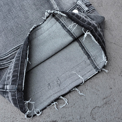 Wide Leg Jeans - Black Gray Acid Wash Multi Pocket Cargo Strap Frayed Hem Y2K Streetwear
