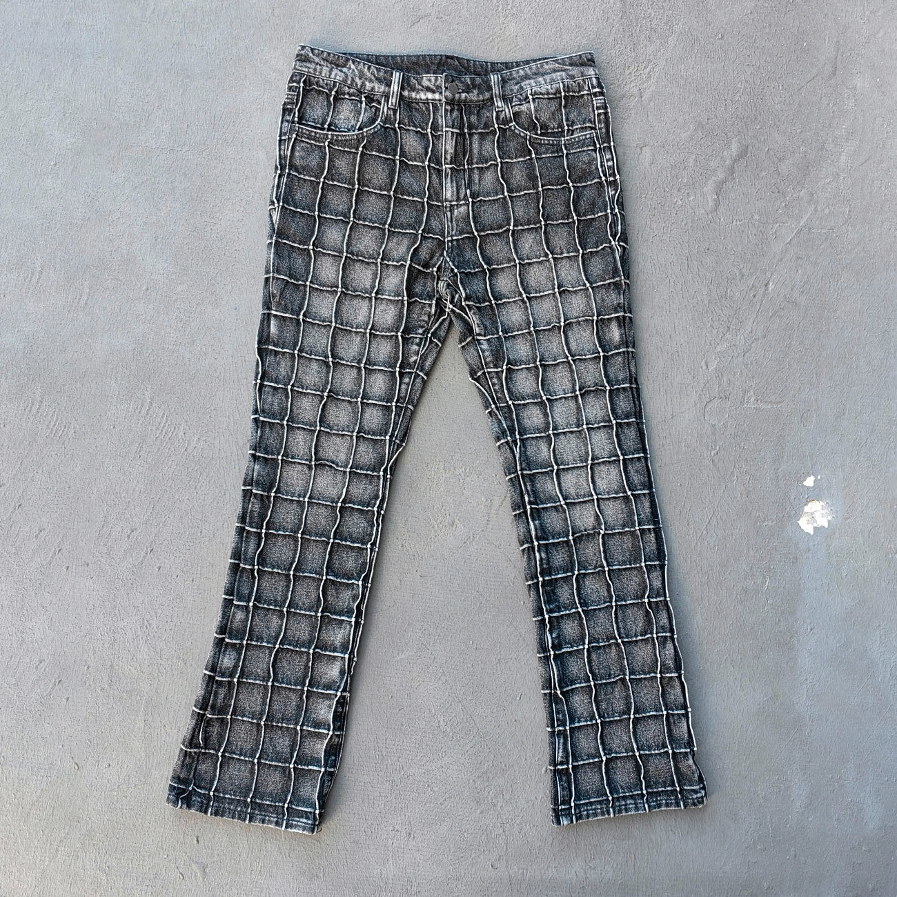 Textured Grid Bootcut Jeans - Black Acid Wash Y2K Vintage Streetwear