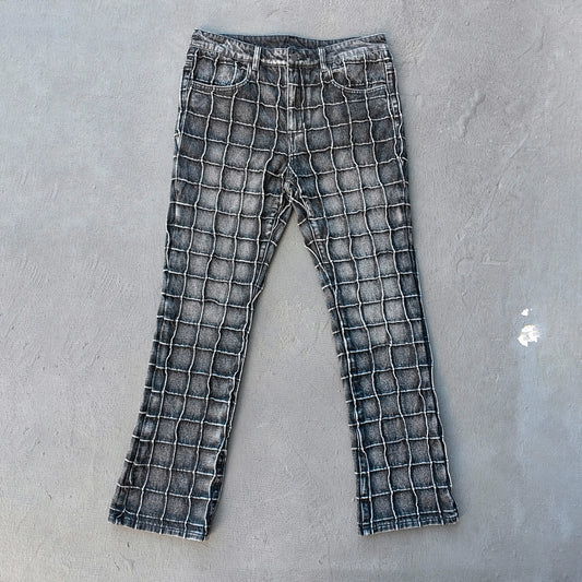 Textured Grid Bootcut Jeans - Black Acid Wash Y2K Vintage Streetwear