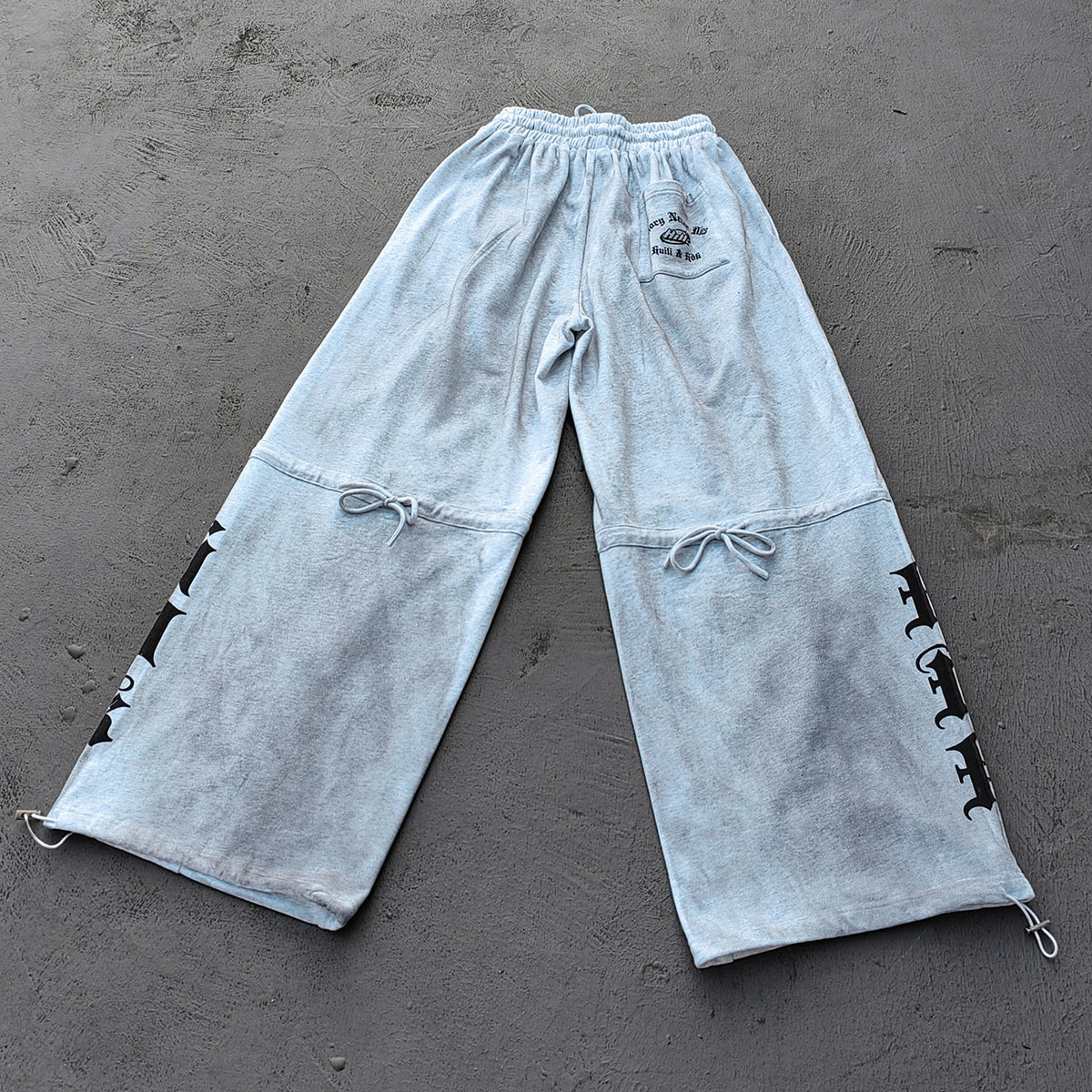 Holy Glory Sweatpants - Light Gray Acid Wash Gothic Font Print Drawstring Hem Wide Leg Y2K Streetwear