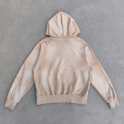FEARLESS Rhinestone Hoodie - Flame Print Khaki Distressed Y2K Streetwear