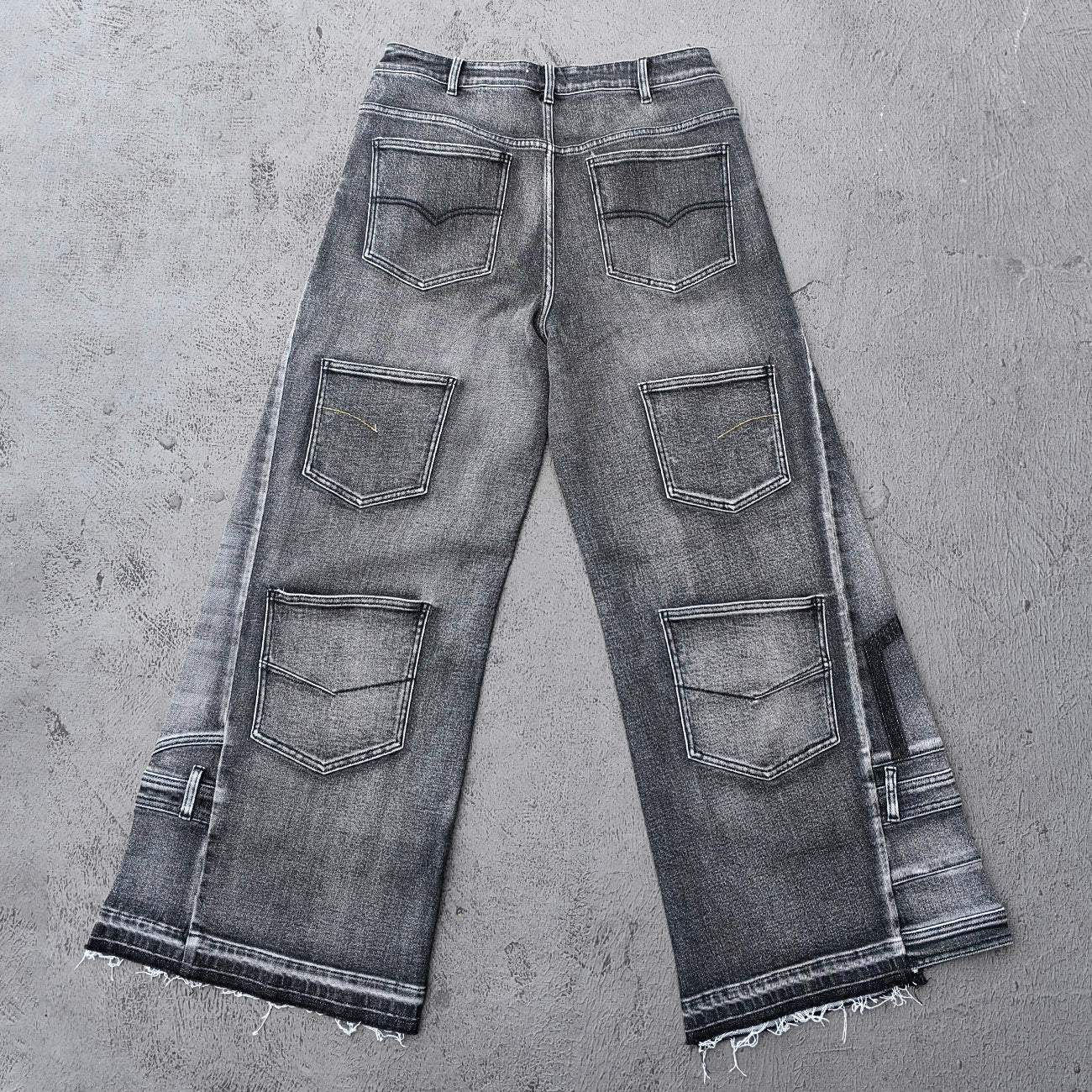 Wide Leg Jeans - Black Gray Acid Wash Multi Pocket Cargo Strap Frayed Hem Y2K Streetwear