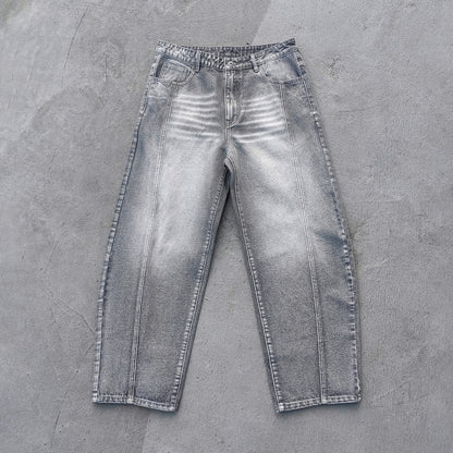 Acid Wash Baggy Jeans - Smoke Gray Pinched Seam Straight Leg Y2K Streetwear