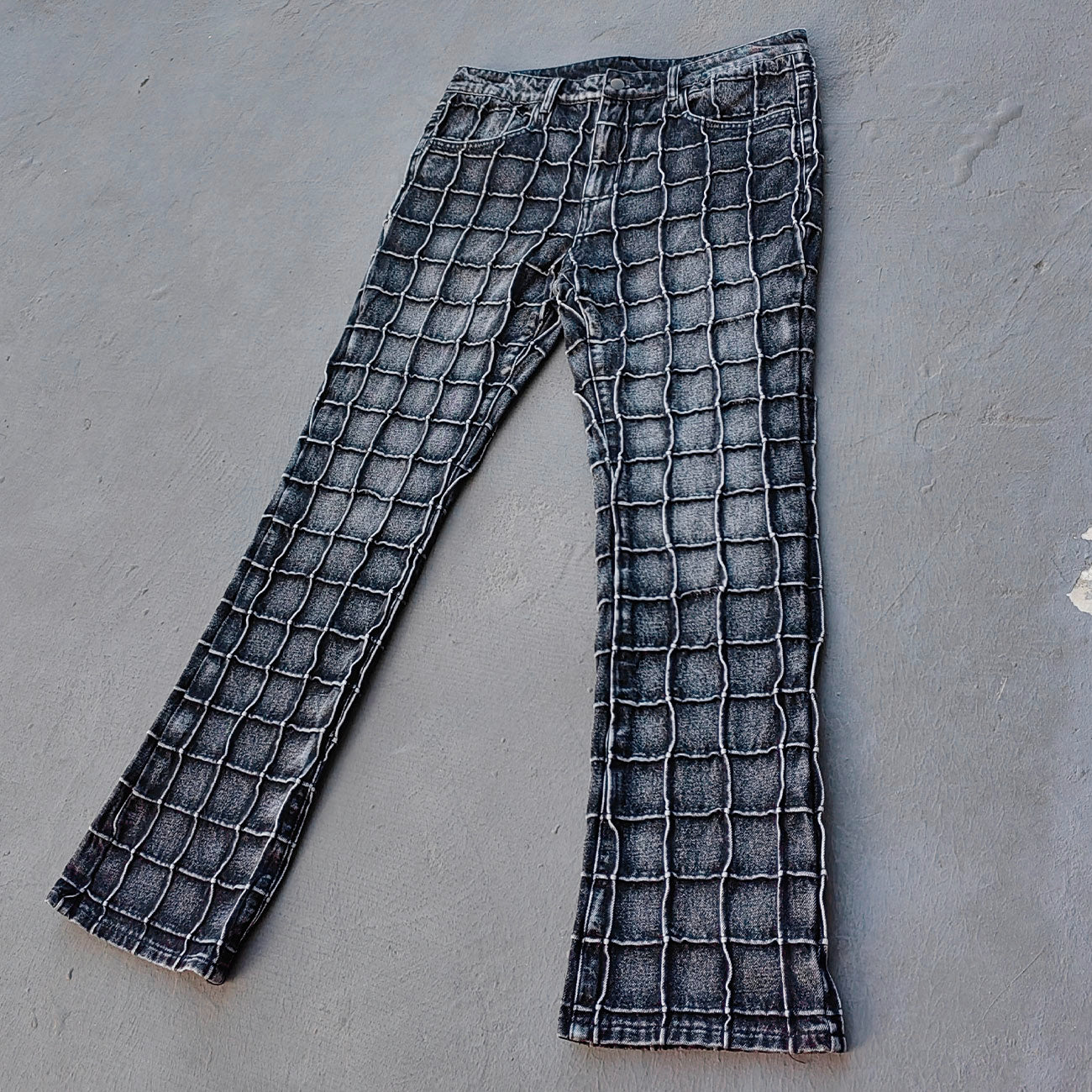 Textured Grid Bootcut Jeans - Black Acid Wash Y2K Vintage Streetwear