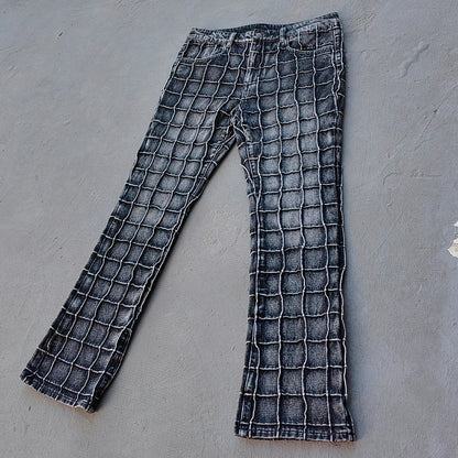 Textured Grid Bootcut Jeans - Black Acid Wash Y2K Vintage Streetwear