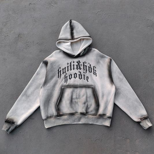 Gothic Font Hoodie - White Gray Gradient Wash Distressed Y2K Streetwear