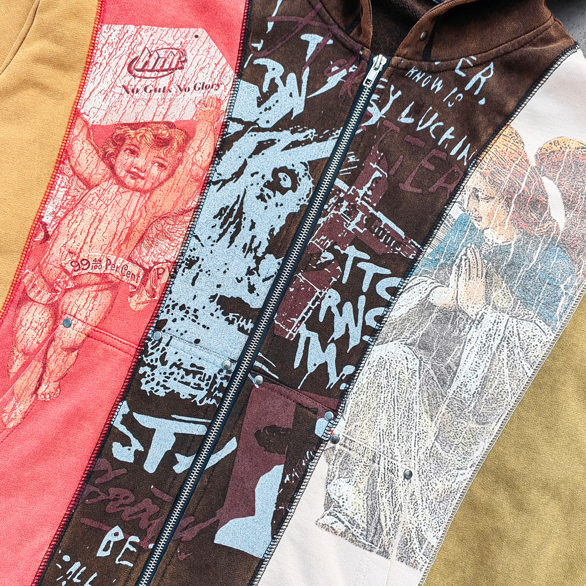 Religious Collage Zip Up Hoodie - Brown Yellow Red Color Block Studded Angel Mary Print Y2K Streetwear