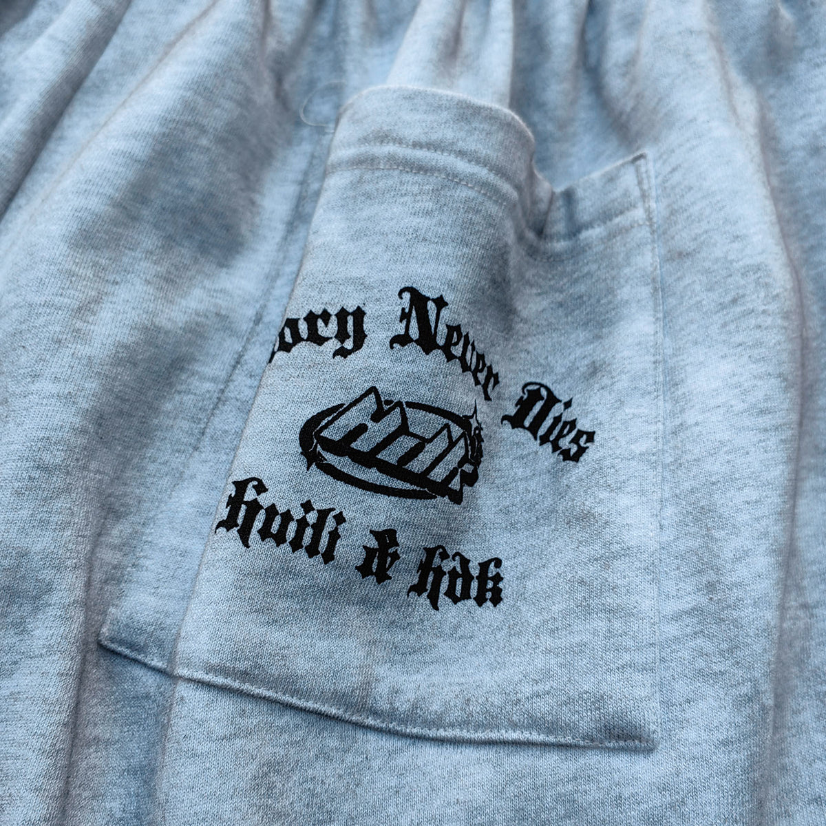 Holy Glory Sweatpants - Light Gray Acid Wash Gothic Font Print Drawstring Hem Wide Leg Y2K Streetwear
