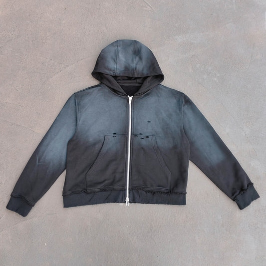 Gradient Wash Zip Up Hoodie - Black Frayed Distressed Y2K Streetwear