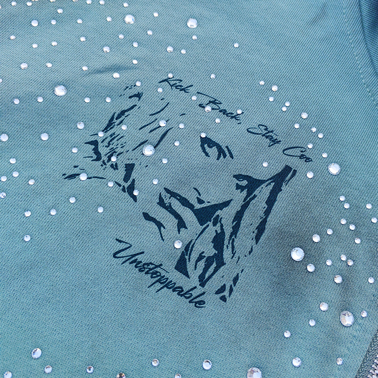 Tattoo Print Zip Up Hoodie - Gray Blue Studded Rhinestone Distressed Y2K Streetwear