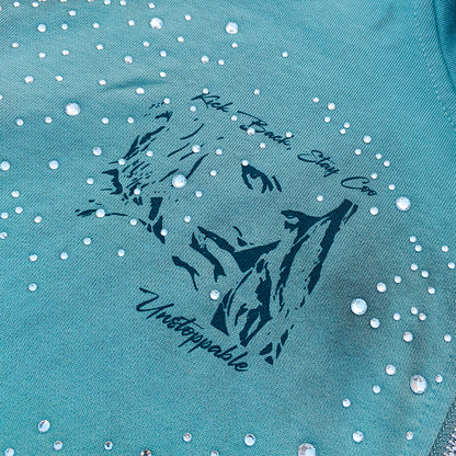 Tattoo Print Zip Up Hoodie - Gray Blue Studded Rhinestone Distressed Y2K Streetwear