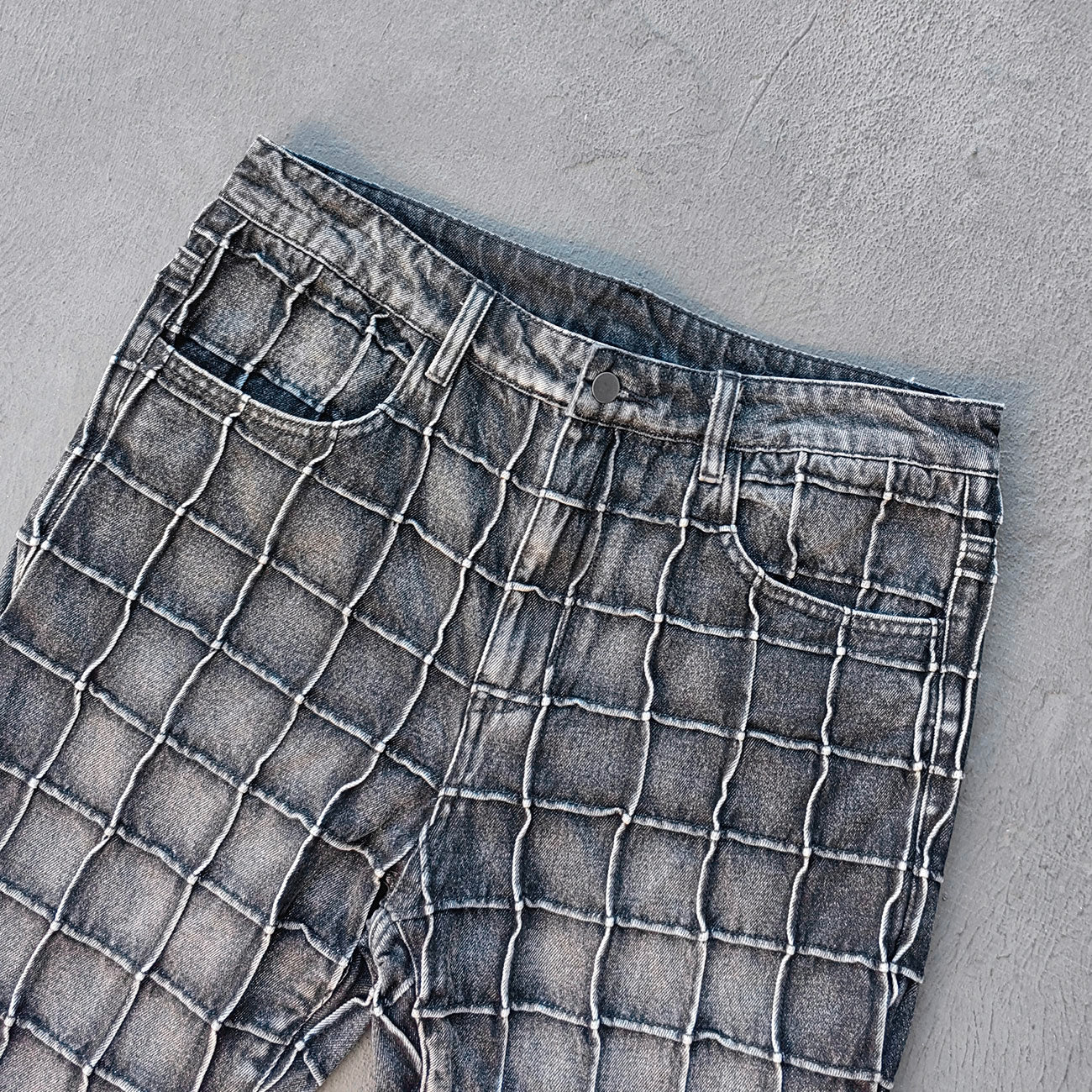 Textured Grid Bootcut Jeans - Black Acid Wash Y2K Vintage Streetwear
