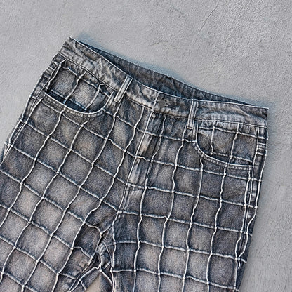 Textured Grid Bootcut Jeans - Black Acid Wash Y2K Vintage Streetwear