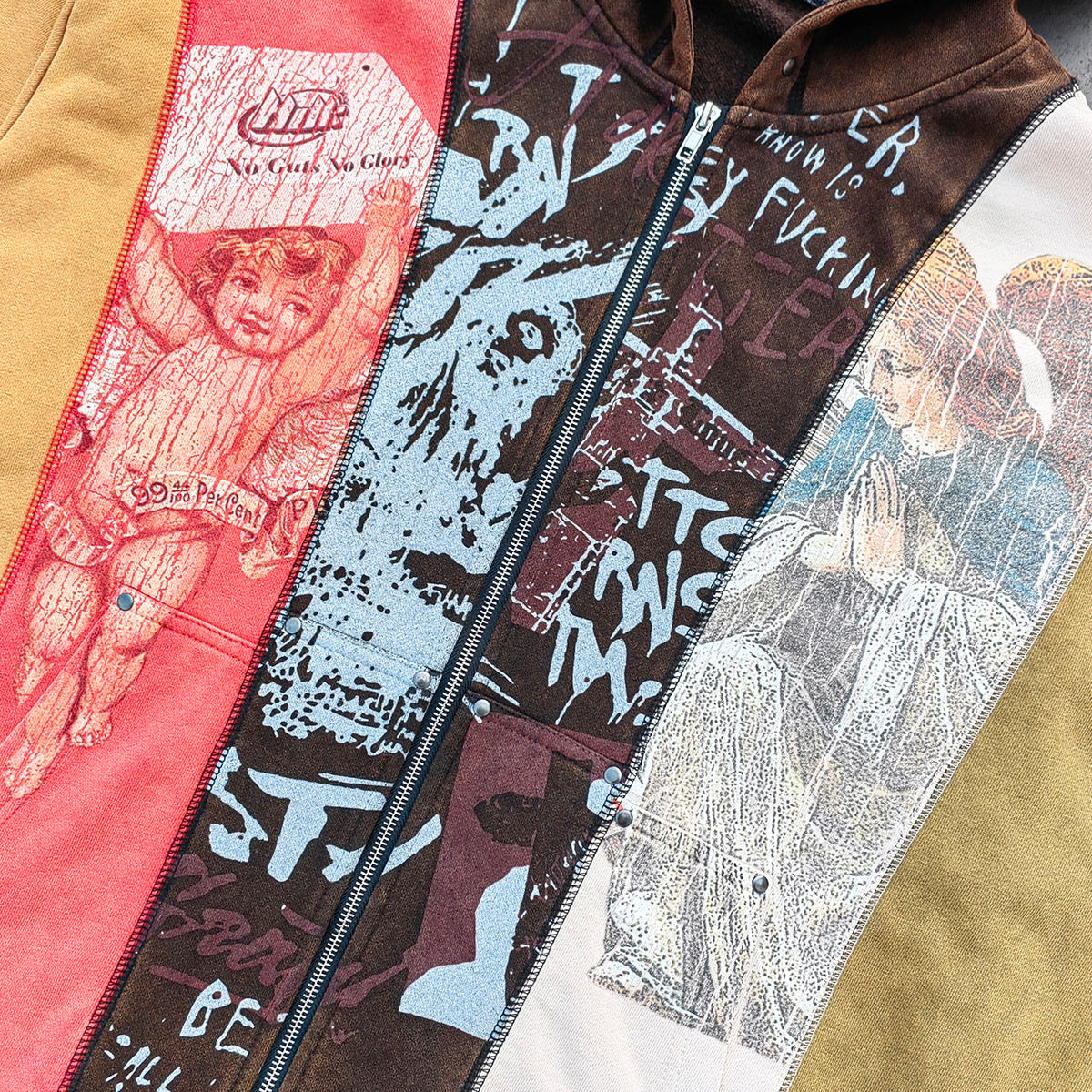 Religious Collage Zip Up Hoodie - Brown Yellow Red Color Block Studded Angel Mary Print Y2K Streetwear