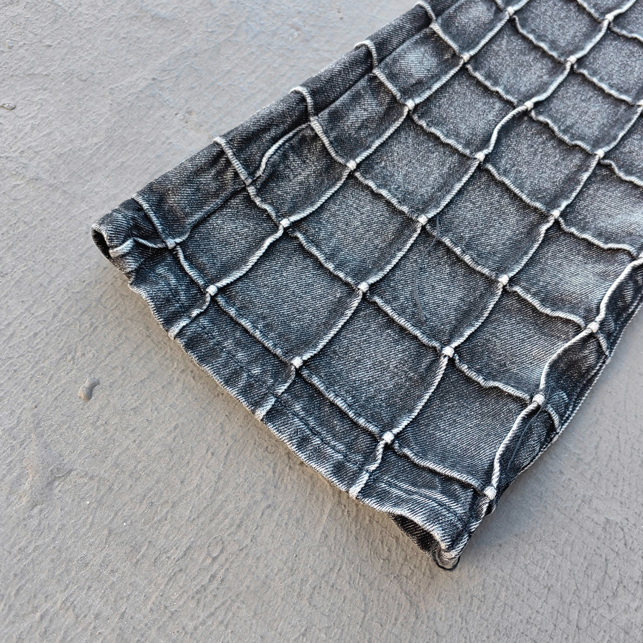 Textured Grid Bootcut Jeans - Black Acid Wash Y2K Vintage Streetwear