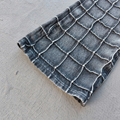 Textured Grid Bootcut Jeans - Black Acid Wash Y2K Vintage Streetwear