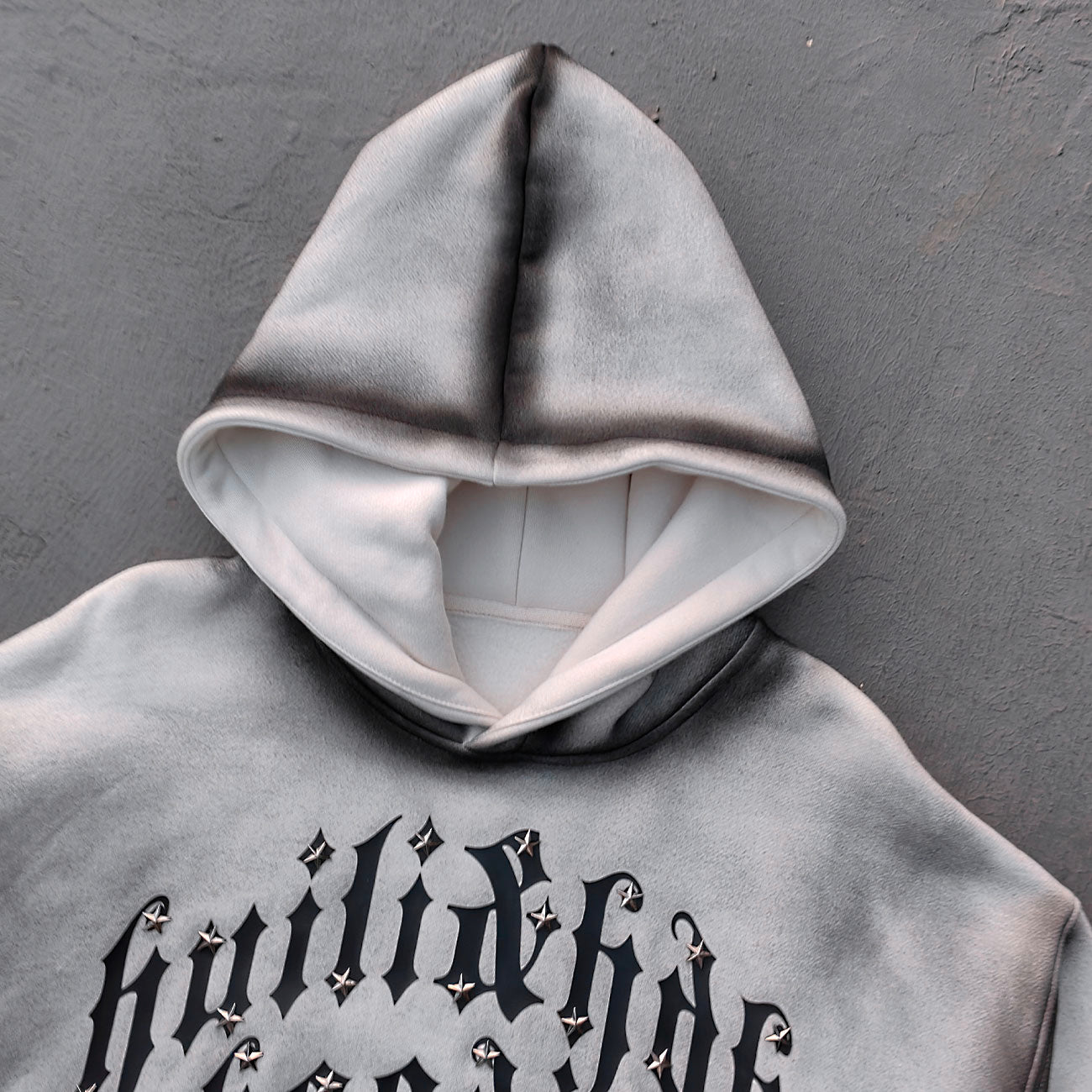 Gothic Font Hoodie - White Gray Gradient Wash Distressed Y2K Streetwear