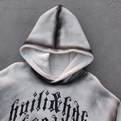 Gothic Font Hoodie - White Gray Gradient Wash Distressed Y2K Streetwear