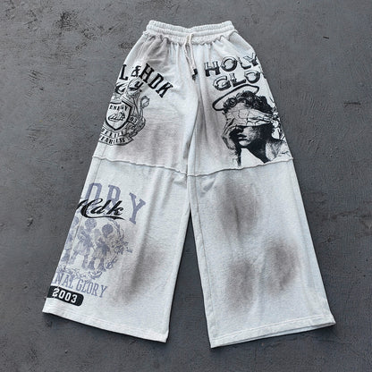 Y2K Gothic Sweatpants - Light Gray Wash Holy Glory Print Angel Statue Collage Paneled Wide Leg Baggy Oversized