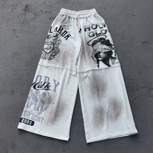 Y2K Gothic Sweatpants - Light Gray Wash Holy Glory Print Angel Statue Collage Paneled Wide Leg Baggy Oversized
