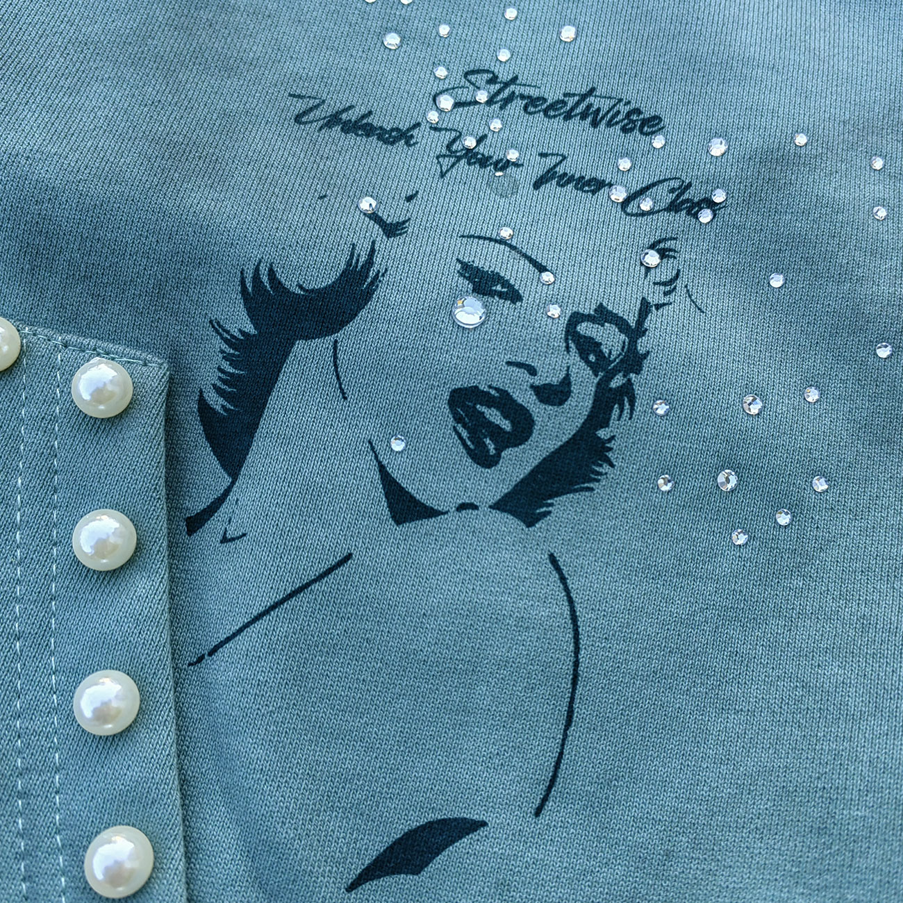 Tattoo Print Zip Up Hoodie - Gray Blue Studded Rhinestone Distressed Y2K Streetwear