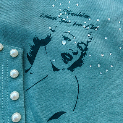 Tattoo Print Zip Up Hoodie - Gray Blue Studded Rhinestone Distressed Y2K Streetwear
