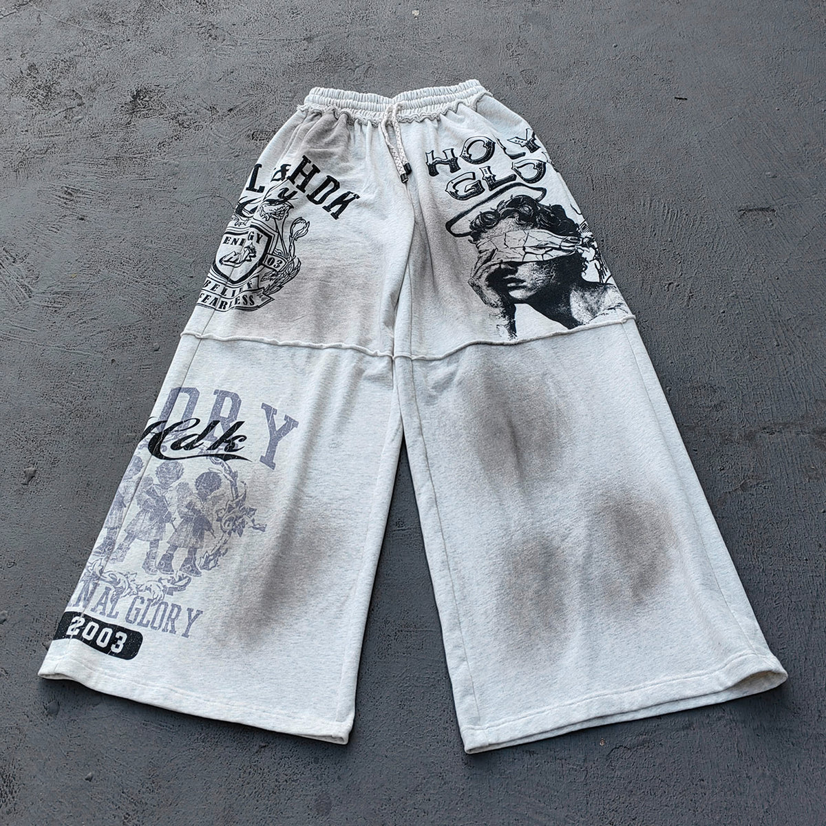 Y2K Gothic Sweatpants - Light Gray Wash Holy Glory Print Angel Statue Collage Paneled Wide Leg Baggy Oversized
