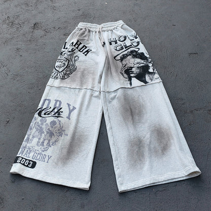Y2K Gothic Sweatpants - Light Gray Wash Holy Glory Print Angel Statue Collage Paneled Wide Leg Baggy Oversized