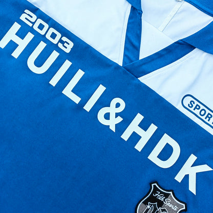 HUILI HDK 2003 Football Jersey - Blue White Color Block V Neck Three Stripe Y2K Streetwear