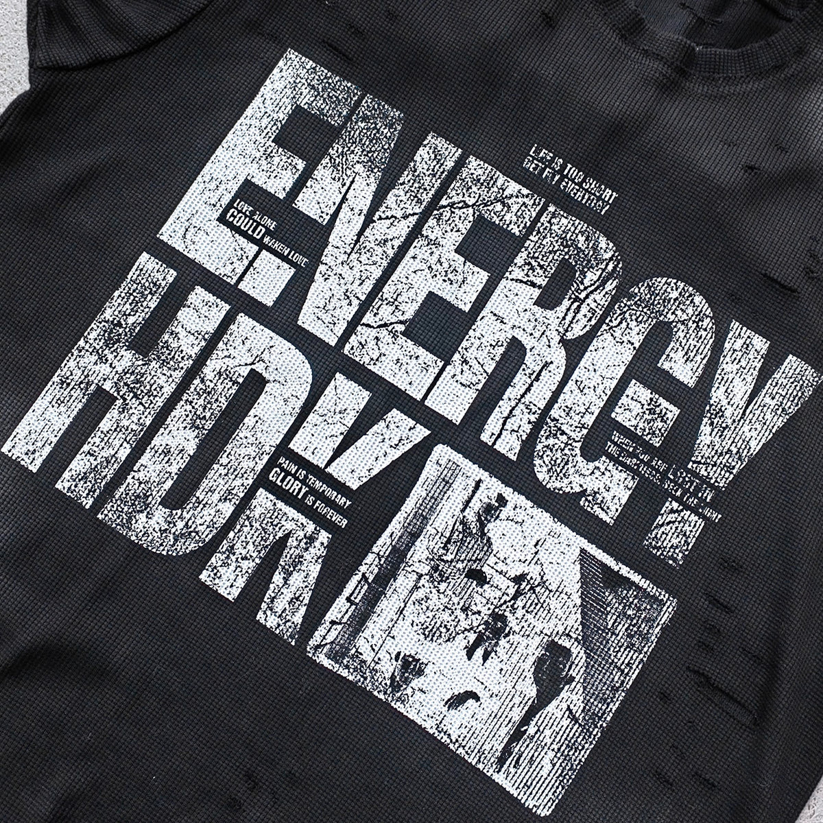 ENERGY HDK Sleeveless Tee - Black White Waffle Knit Cut Off Muscle Tee Distressed Ripped Y2K Streetwear