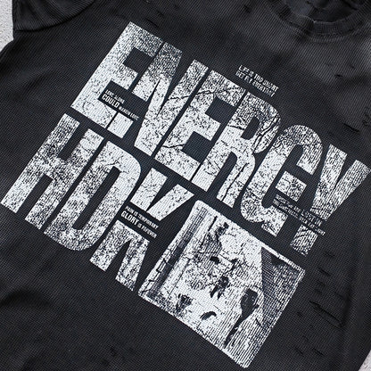 ENERGY HDK Sleeveless Tee - Black White Waffle Knit Cut Off Muscle Tee Distressed Ripped Y2K Streetwear