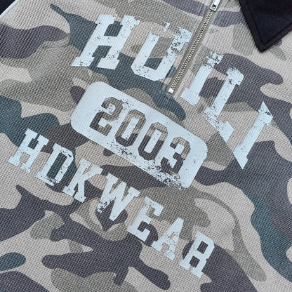 Camo Color Block Half Zip Polo - HUILI 2003 Print Y2K Rugby Shirt Streetwear