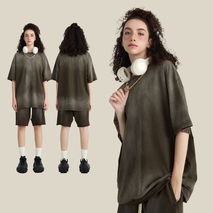 100% cotton round neck acid wash short-sleeved American street oversized gradient T-shirt
