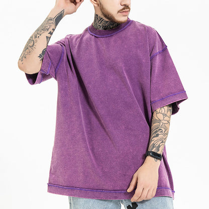 manufacturer spring and summer high street heavy wash 270g anti-car process loose large size solid color off shoulder short sleeve T-shirt