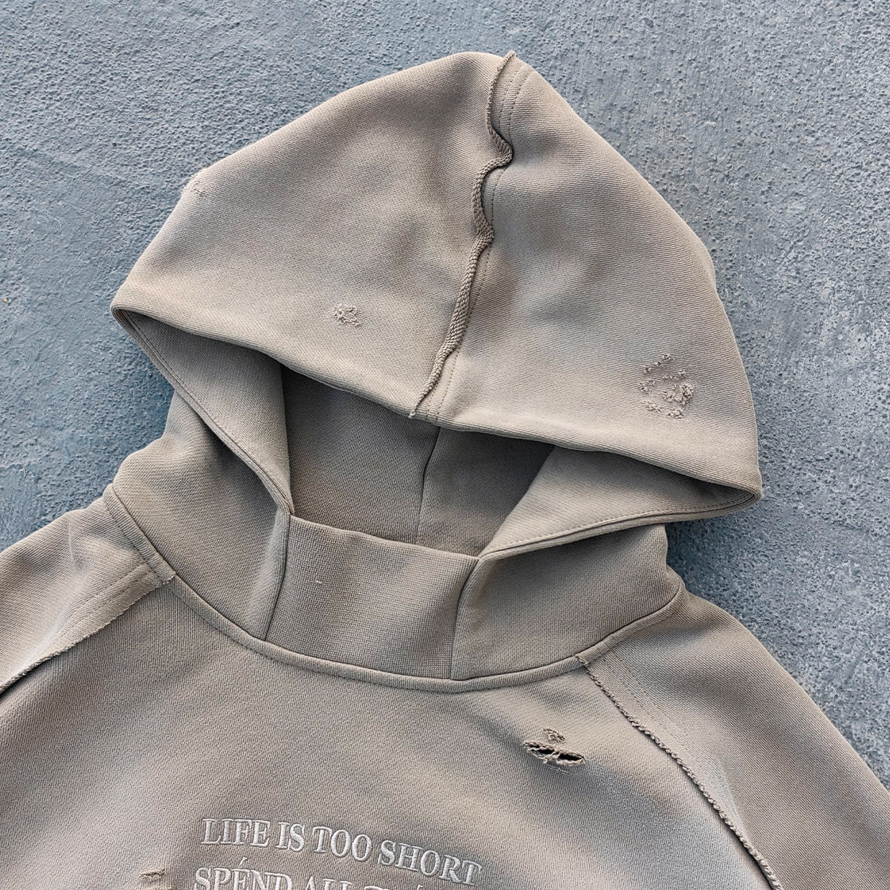Distressed Deconstructed Hoodie - Life is Too Short Embroidery Y2K Streetwear