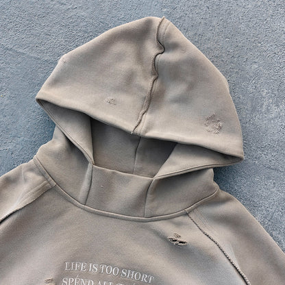 Distressed Deconstructed Hoodie - Life is Too Short Embroidery Y2K Streetwear