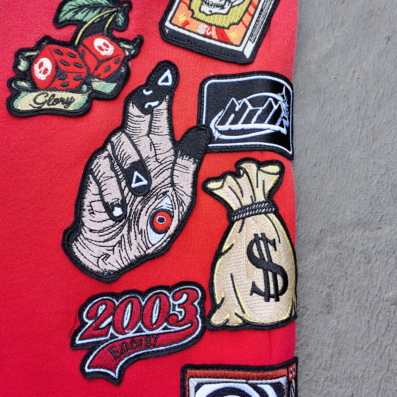 Red Glory Patch Pants - Multi Badge Embroidered Acid Wash Wide Leg Drawstring Y2K Oversized