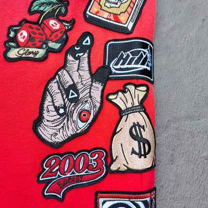 Red Glory Patch Pants - Multi Badge Embroidered Acid Wash Wide Leg Drawstring Y2K Oversized