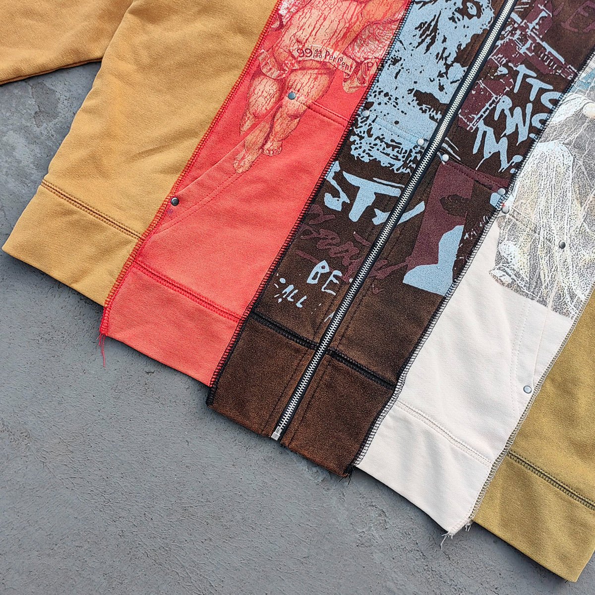 Religious Collage Zip Up Hoodie - Brown Yellow Red Color Block Studded Angel Mary Print Y2K Streetwear