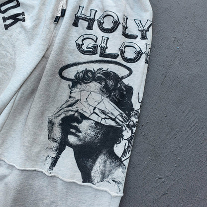 Y2K Gothic Sweatpants - Light Gray Wash Holy Glory Print Angel Statue Collage Paneled Wide Leg Baggy Oversized