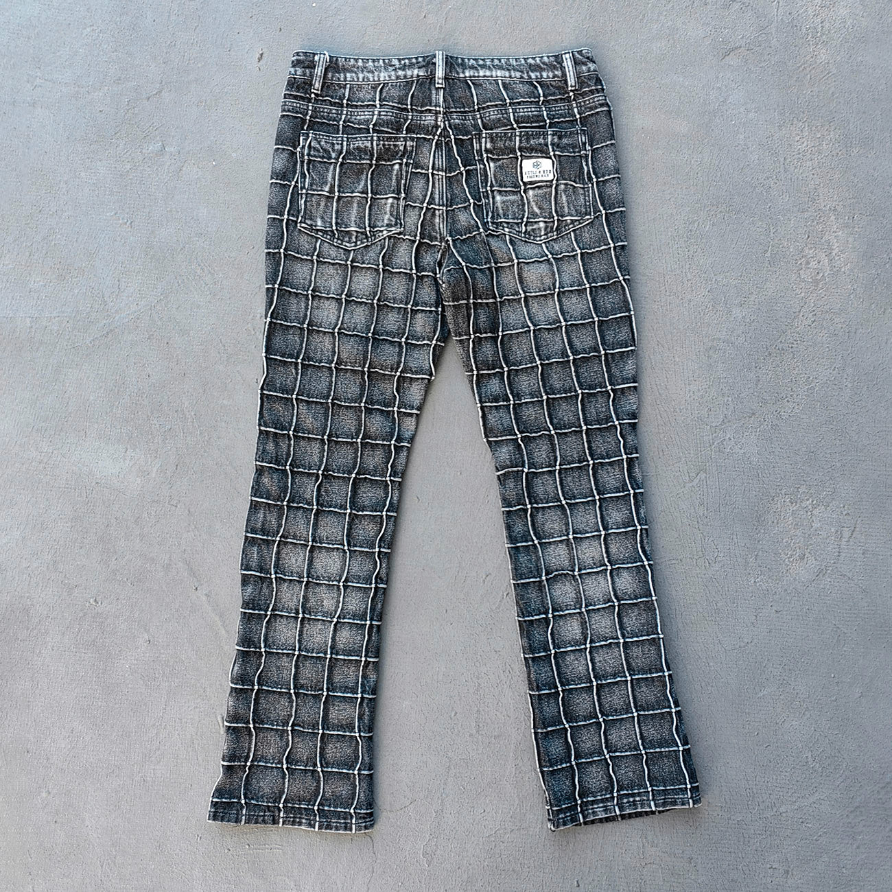 Textured Grid Bootcut Jeans - Black Acid Wash Y2K Vintage Streetwear