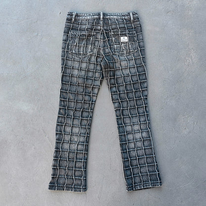 Textured Grid Bootcut Jeans - Black Acid Wash Y2K Vintage Streetwear