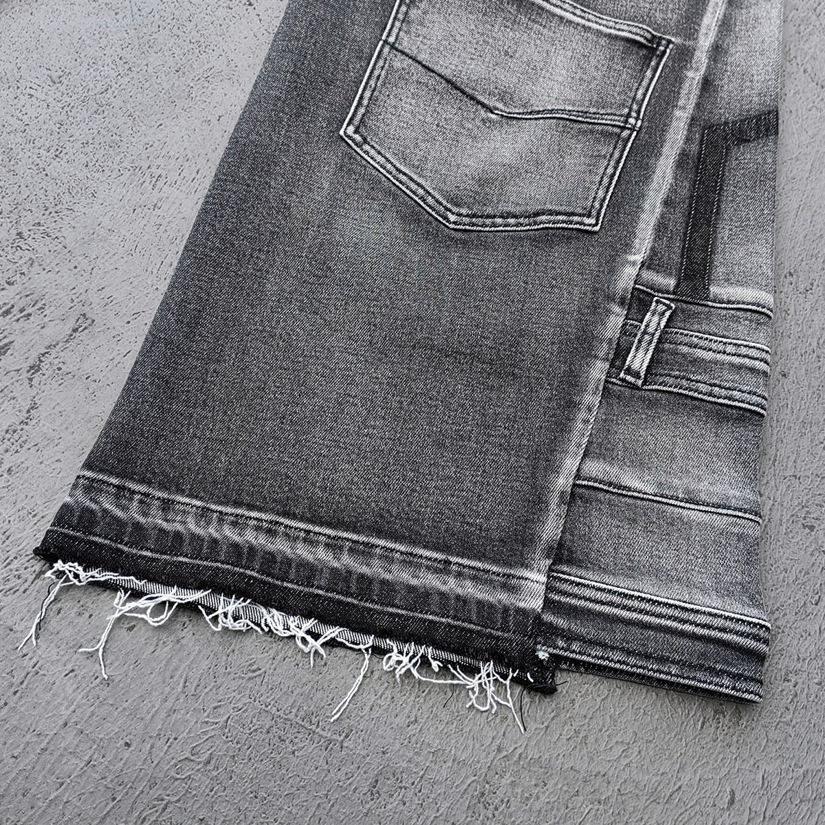 Wide Leg Jeans - Black Gray Acid Wash Multi Pocket Cargo Strap Frayed Hem Y2K Streetwear